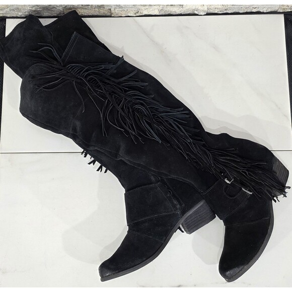 Naughty Monkey Suede Boots Over the Knee Fringe Black Boho Biker Western 8.5 - Picture 12 of 16